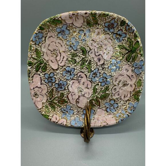 Signed Pottery Bay View 5” Plate Gold Raised Paint with Pink and Blue Flowers - Picture 3 of 9